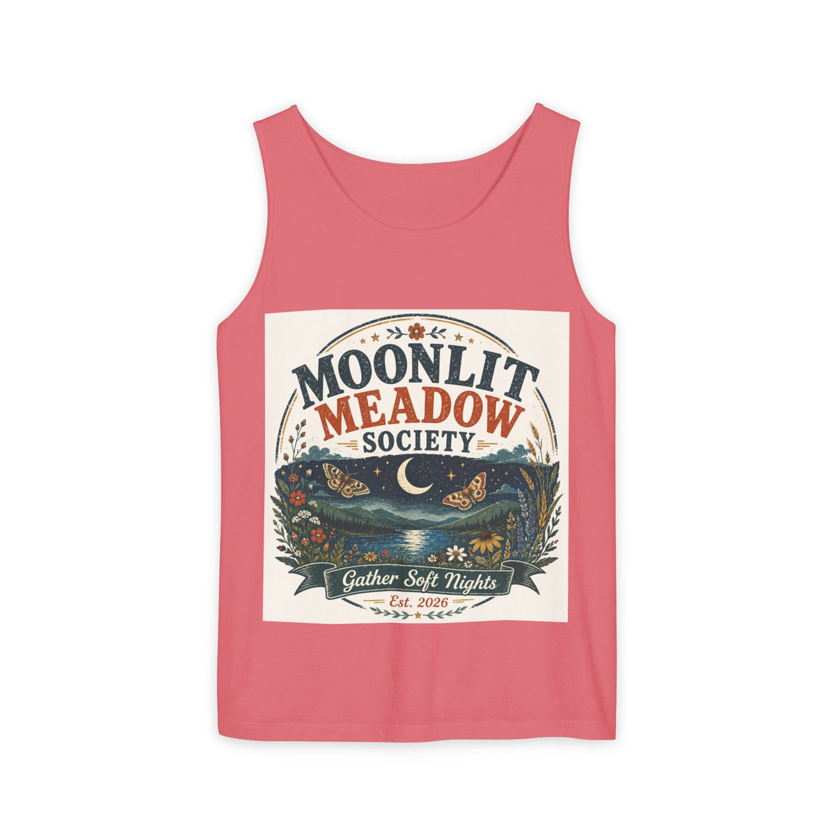 Moonlit Meadow Society Tank Top — Vintage Nightscape Graphic Tank