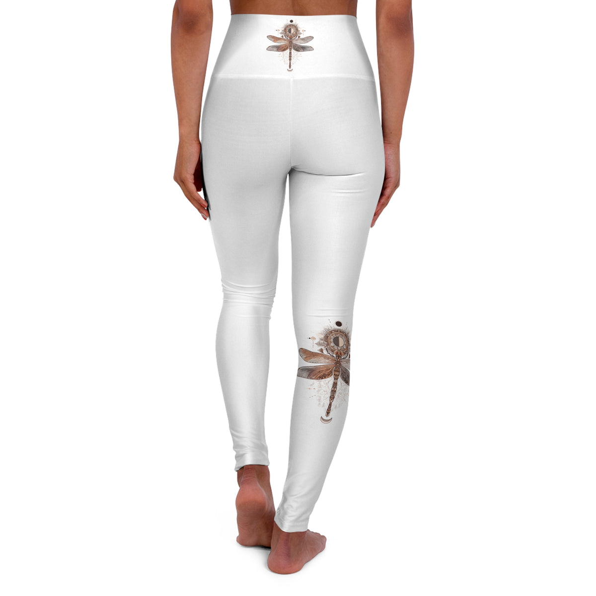 High-Waist Yoga Leggings — Neutral Boho Dragonfly Print