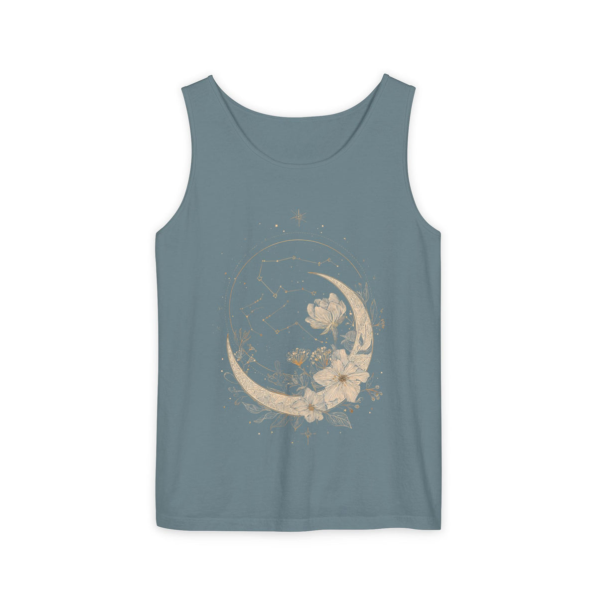 Moon & Magnolia Tank Top — Floral Crescent Moon Graphic Tank