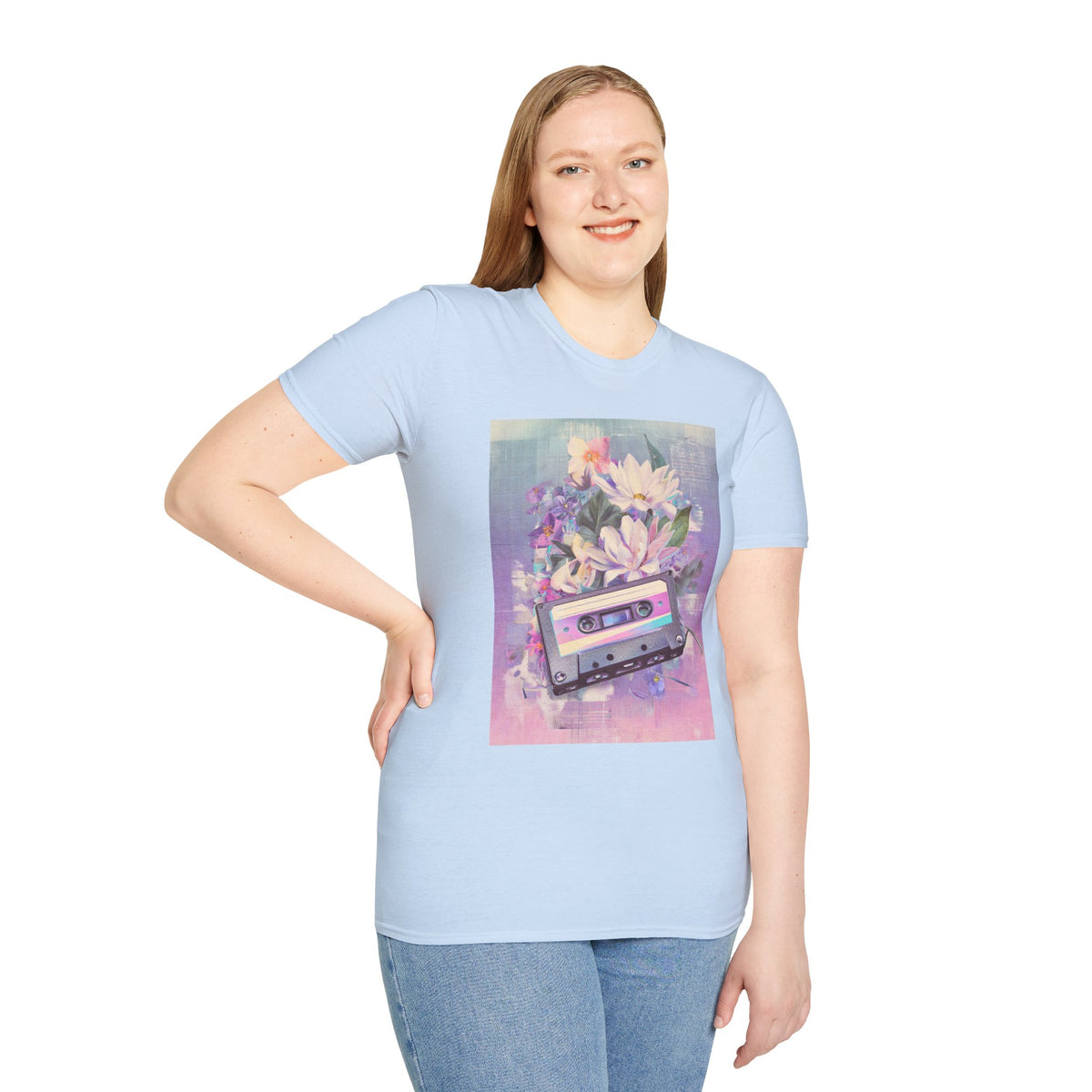 Retro Cassette & Flowers T-Shirt — Vintage 90s Aesthetic Tee