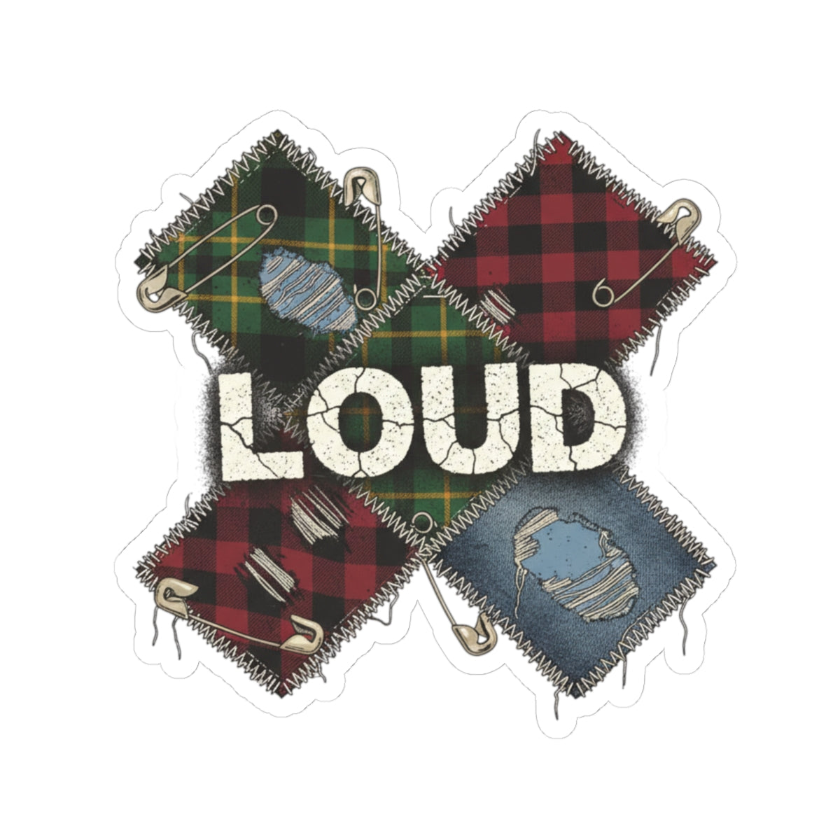 Plaid Patchwork "LOUD" Sticker | Grunge Revival, 90s Flannel Aesthetic