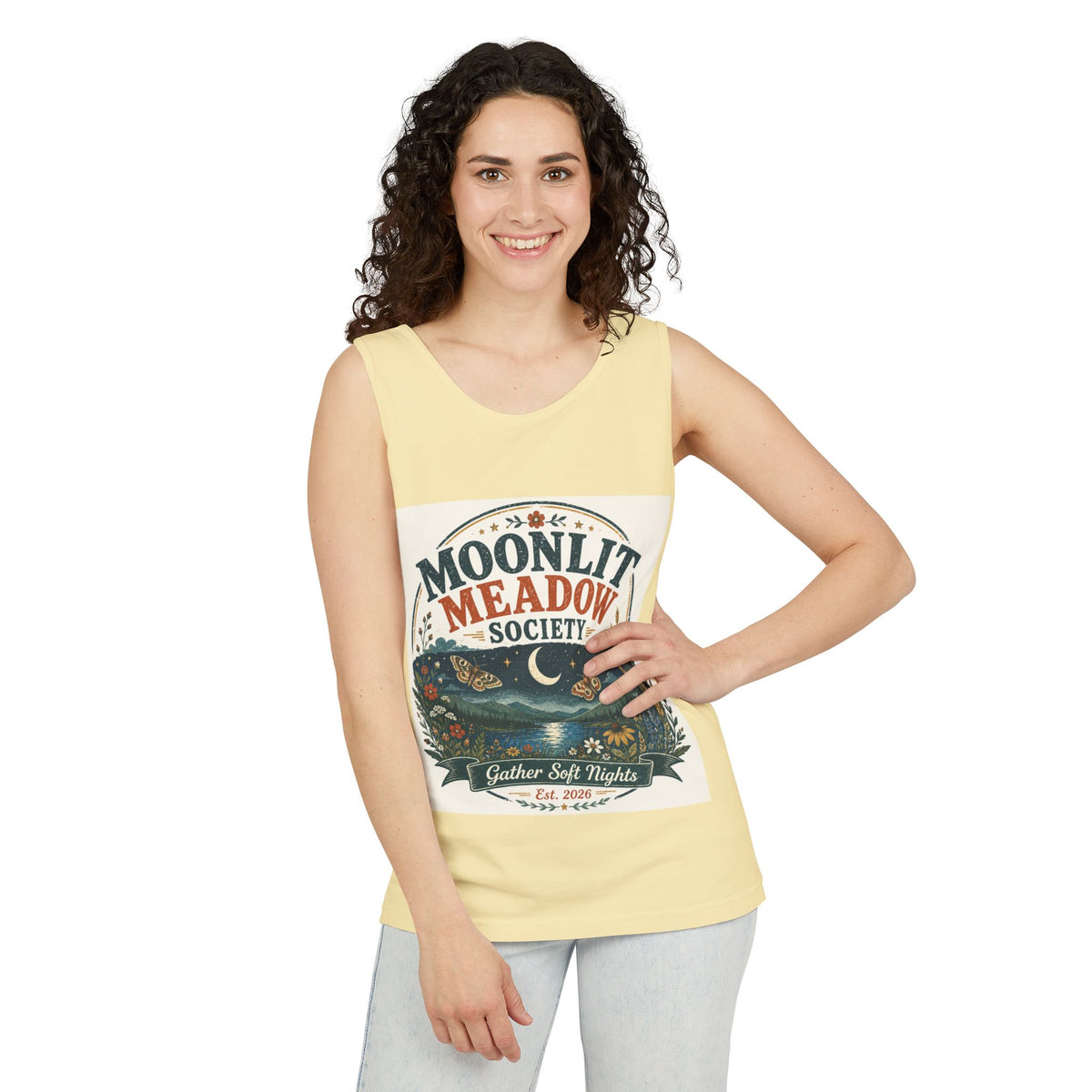 Moonlit Meadow Society Tank Top — Vintage Nightscape Graphic Tank