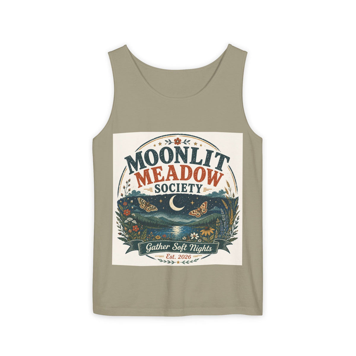 Moonlit Meadow Society Tank Top — Vintage Nightscape Graphic Tank