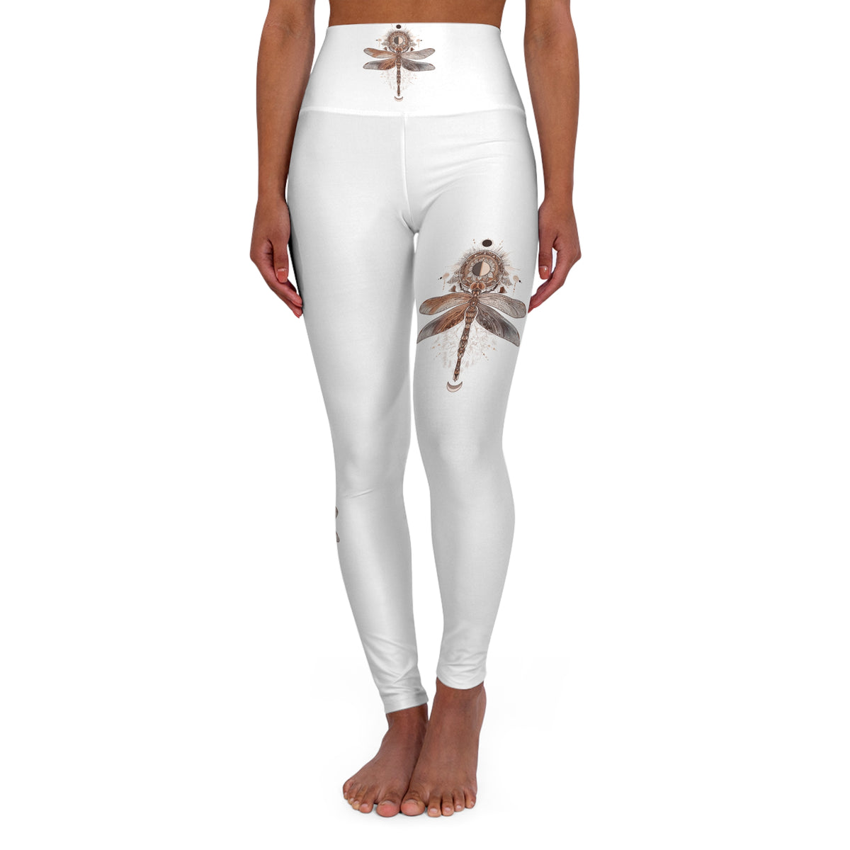 High-Waist Yoga Leggings — Neutral Boho Dragonfly Print