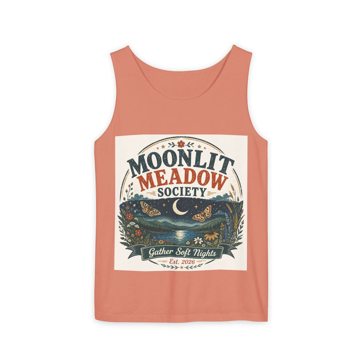 Moonlit Meadow Society Tank Top — Vintage Nightscape Graphic Tank