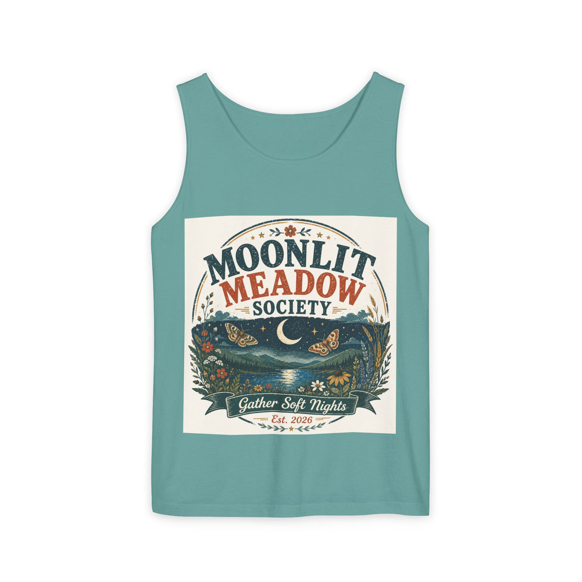 Moonlit Meadow Society Tank Top — Vintage Nightscape Graphic Tank