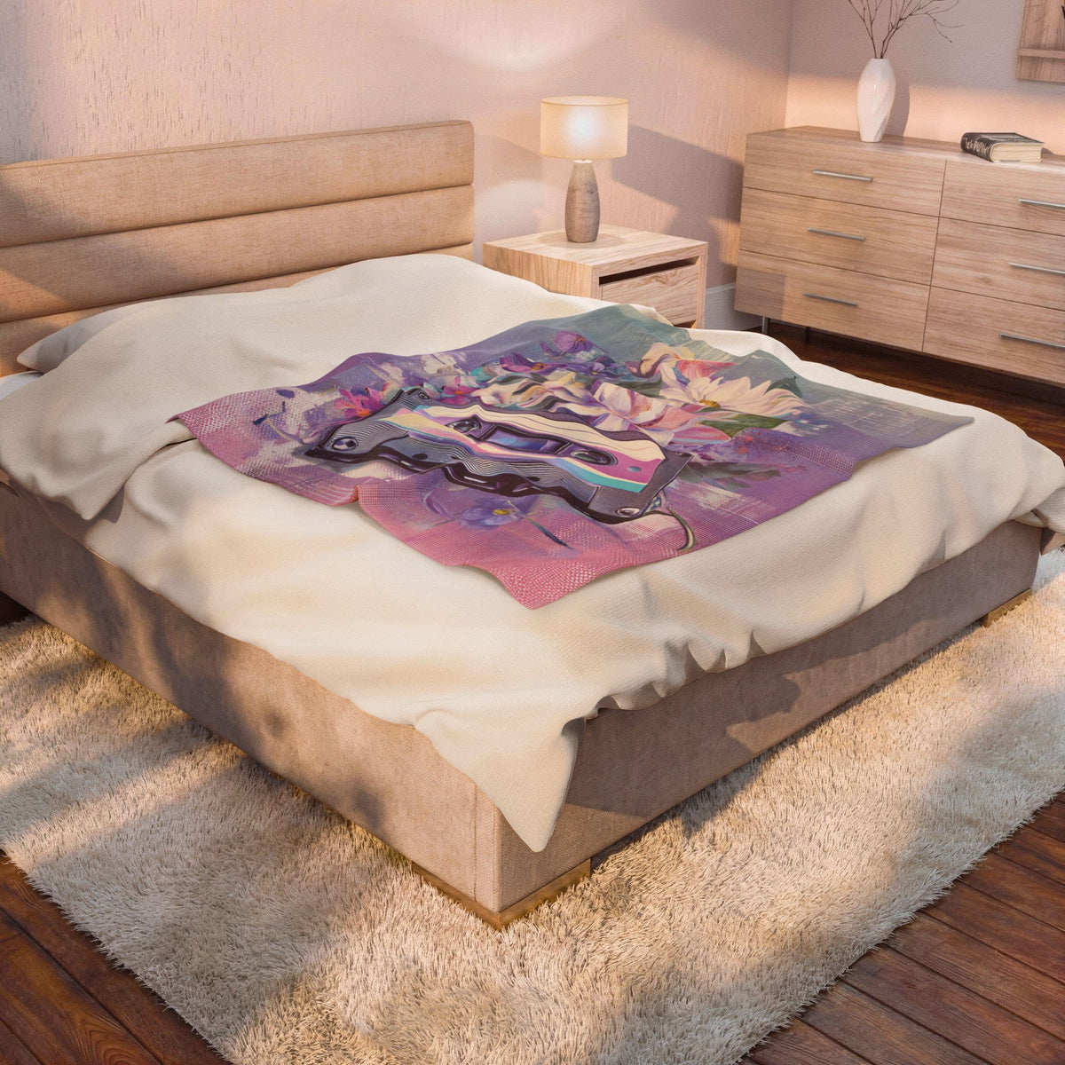 Vintage Cassette Floral Velveteen Plush Blanket — Retro Tape & Pastel Flowers Throw