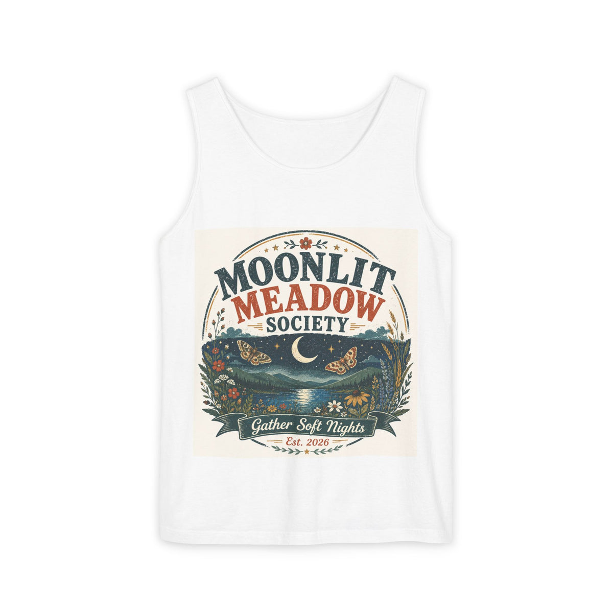 Moonlit Meadow Society Tank Top — Vintage Nightscape Graphic Tank