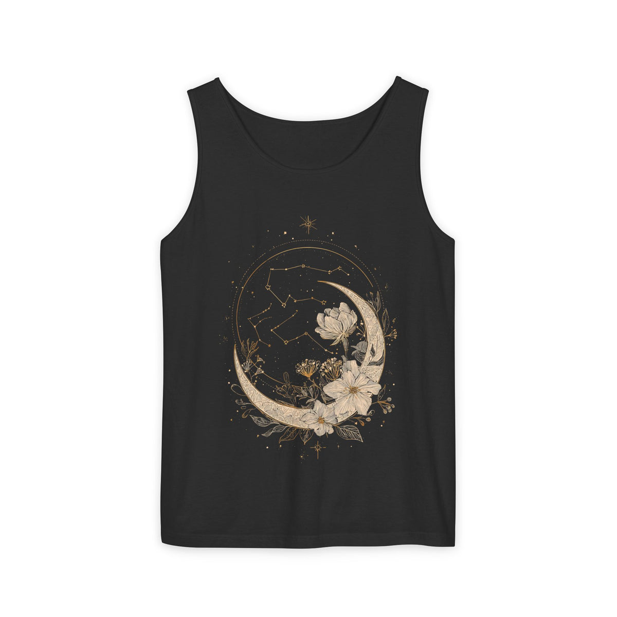 Moon & Magnolia Tank Top — Floral Crescent Moon Graphic Tank