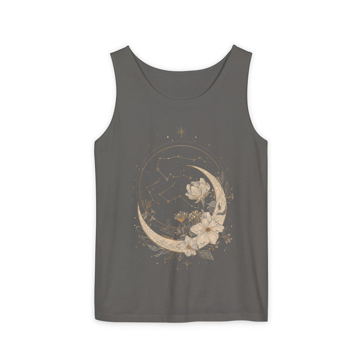 Moon & Magnolia Tank Top — Floral Crescent Moon Graphic Tank