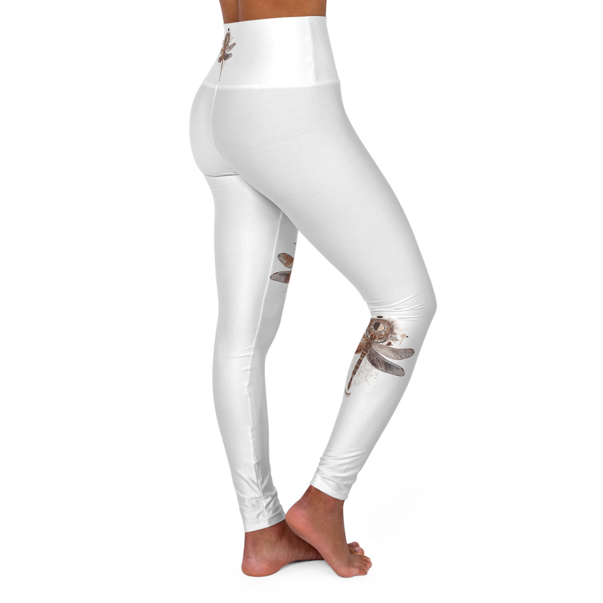 High-Waist Yoga Leggings — Neutral Boho Dragonfly Print
