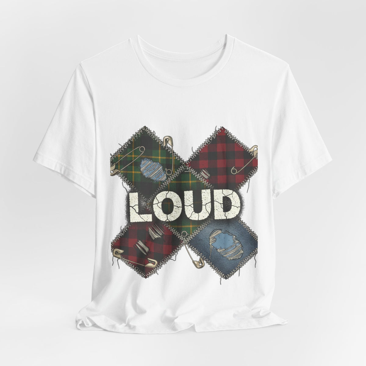 Plaid Patchwork "LOUD" Tee, grunge shirt | 90s rock revival