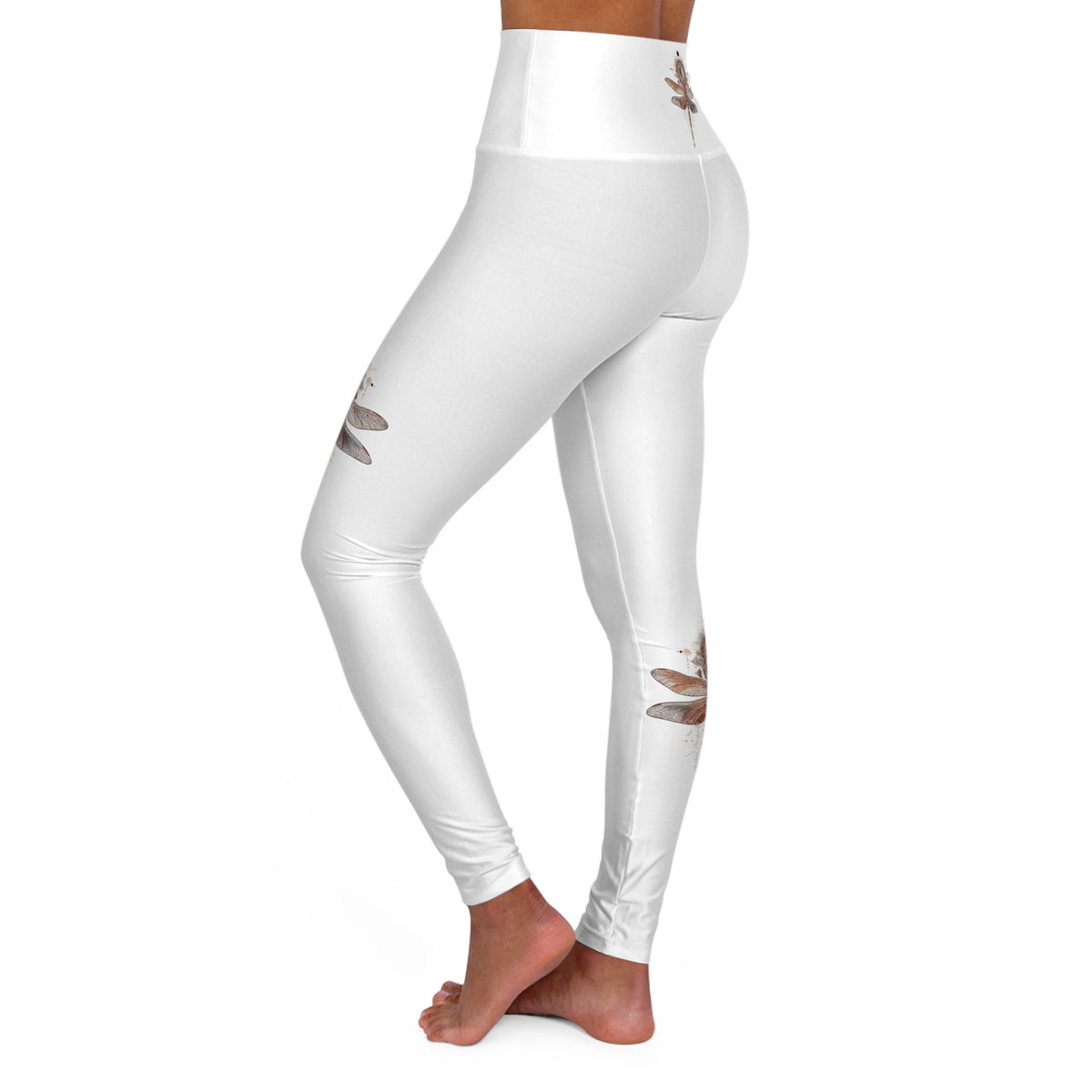 High-Waist Yoga Leggings — Neutral Boho Dragonfly Print